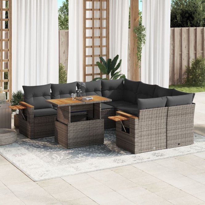 9-tlg. Garten-Sofagarnitur mit Kissen Schwarz Poly Rattan