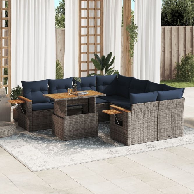 9-tlg. Garten-Sofagarnitur mit Kissen Schwarz Poly Rattan