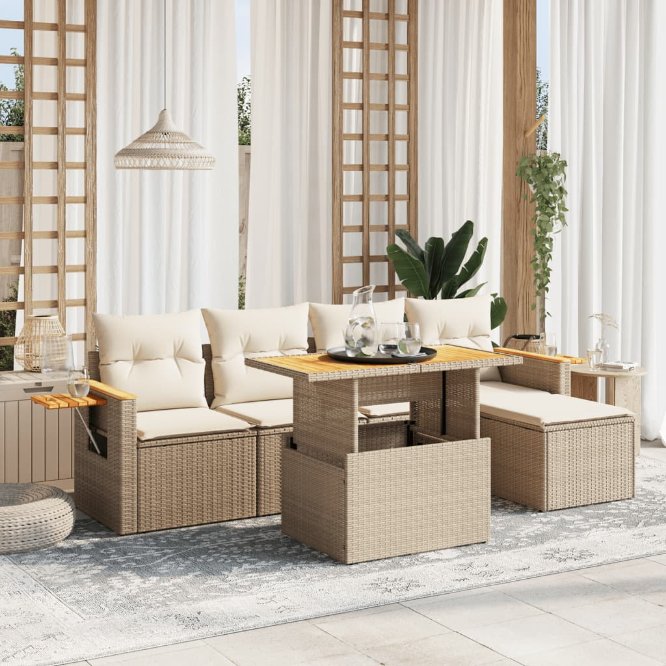 6-tlg. Garten-Sofagarnitur mit Kissen Schwarz Poly Rattan