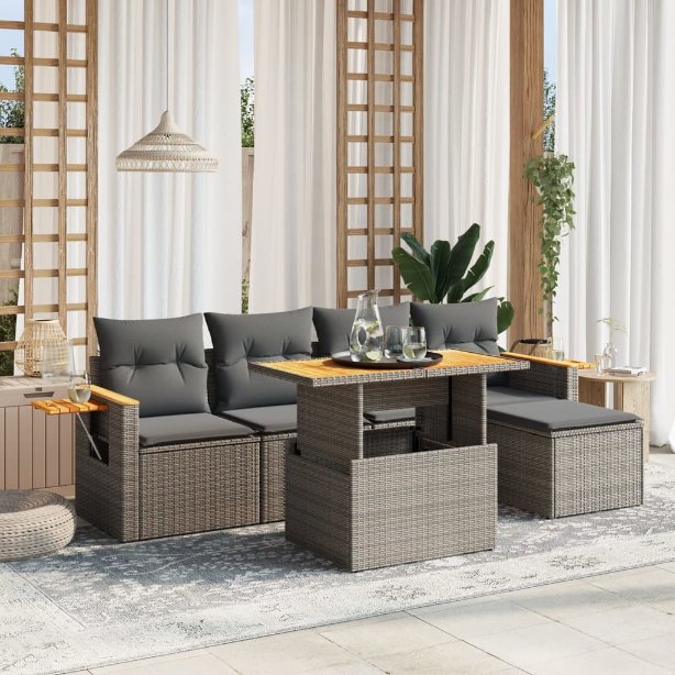 6-tlg. Garten-Sofagarnitur mit Kissen Schwarz Poly Rattan