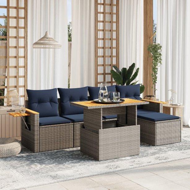 6-tlg. Garten-Sofagarnitur mit Kissen Schwarz Poly Rattan