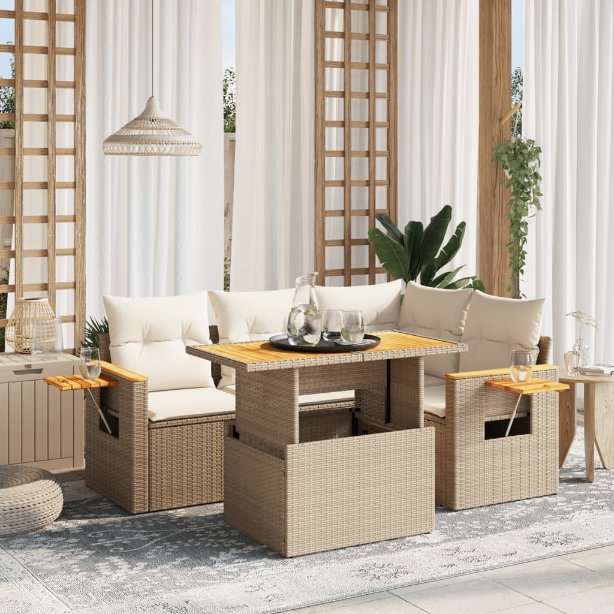 5-tlg. Garten-Sofagarnitur mit Kissen Schwarz Poly Rattan