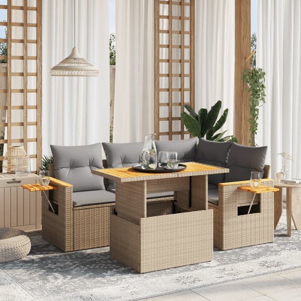5-tlg. Garten-Sofagarnitur mit Kissen Schwarz Poly Rattan