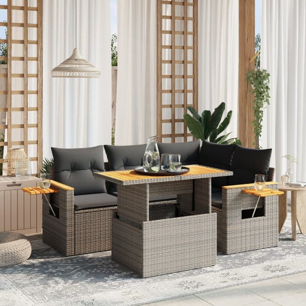 5-tlg. Garten-Sofagarnitur mit Kissen Schwarz Poly Rattan