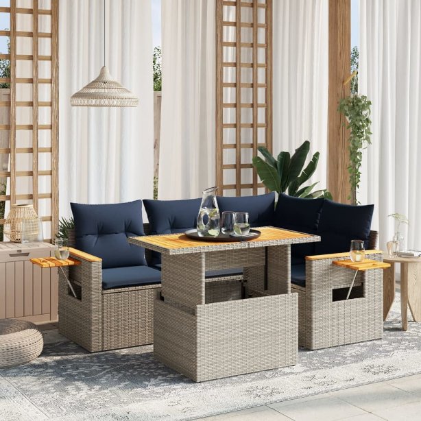 5-tlg. Garten-Sofagarnitur mit Kissen Schwarz Poly Rattan