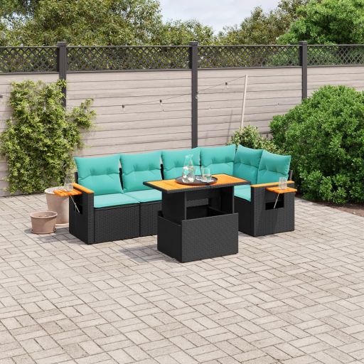 6-tlg. Garten-Sofagarnitur mit Kissen Schwarz Poly Rattan