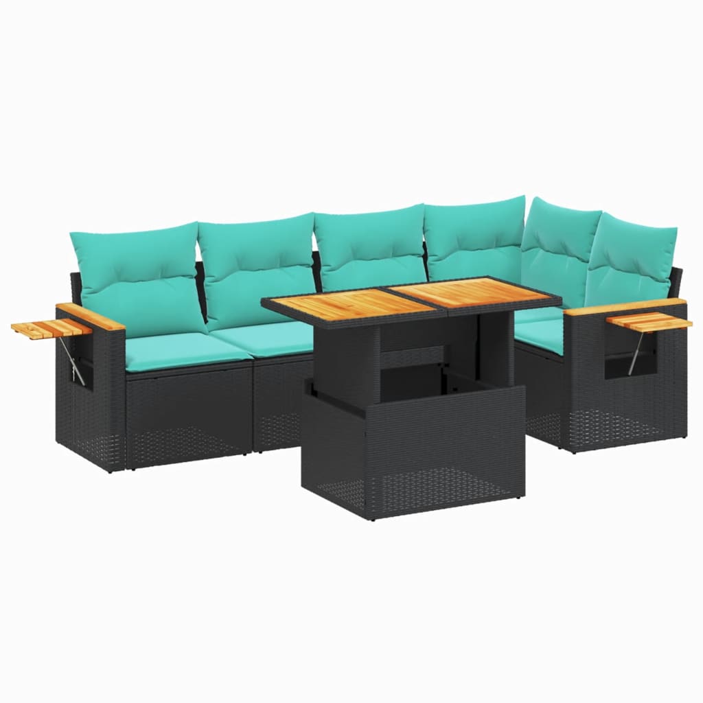 6-tlg. Garten-Sofagarnitur mit Kissen Schwarz Poly Rattan