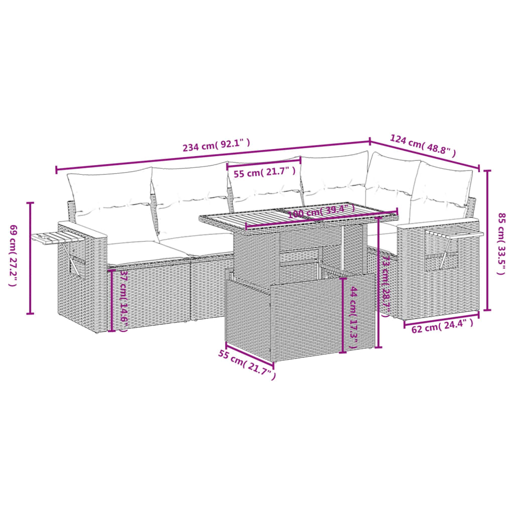 6-tlg. Garten-Sofagarnitur mit Kissen Schwarz Poly Rattan