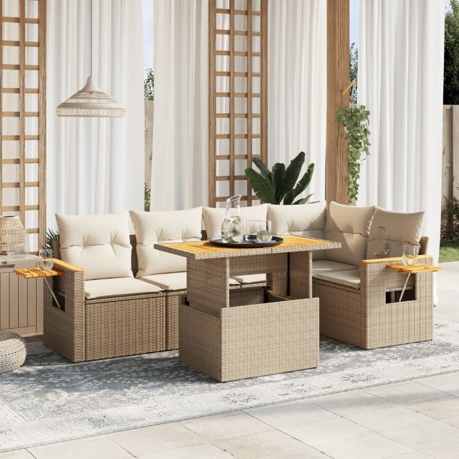 6-tlg. Garten-Sofagarnitur mit Kissen Schwarz Poly Rattan