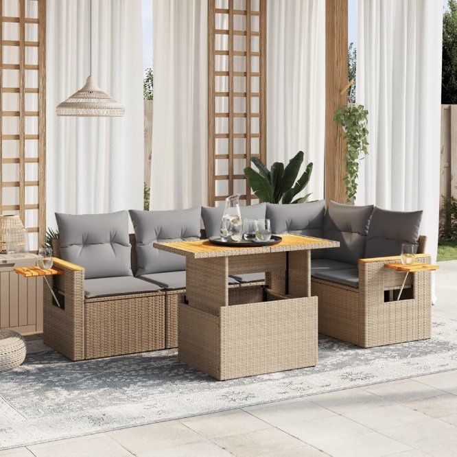 6-tlg. Garten-Sofagarnitur mit Kissen Schwarz Poly Rattan
