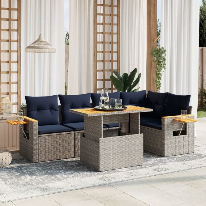 6-tlg. Garten-Sofagarnitur mit Kissen Schwarz Poly Rattan