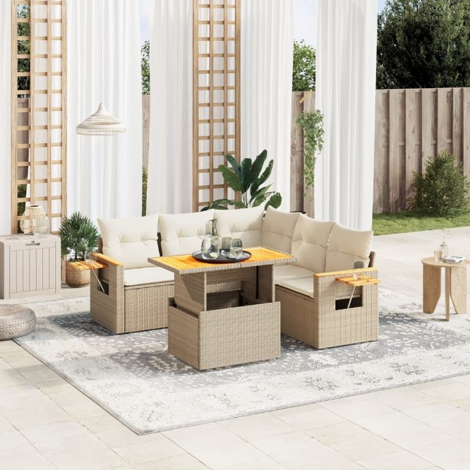 6-tlg. Garten-Sofagarnitur mit Kissen Schwarz Poly Rattan