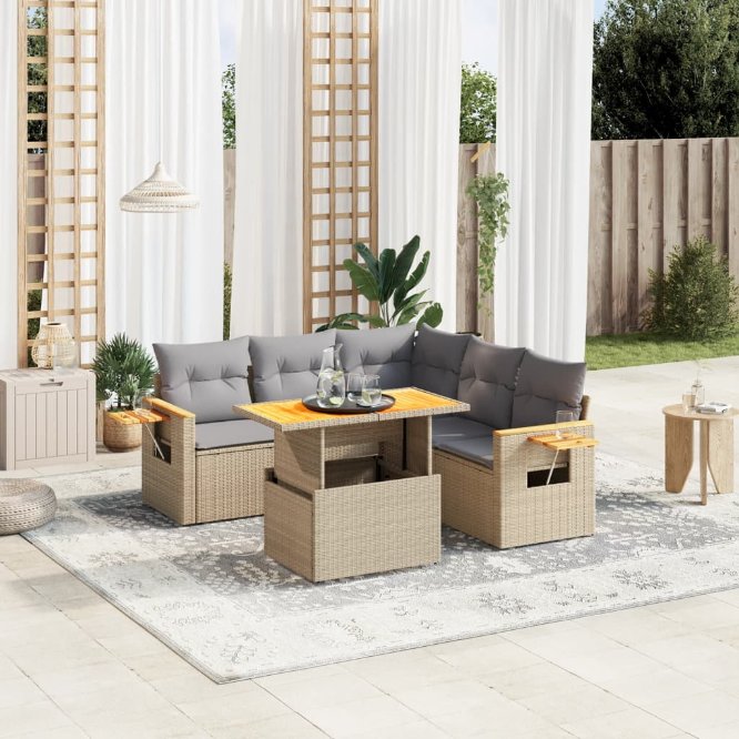 6-tlg. Garten-Sofagarnitur mit Kissen Schwarz Poly Rattan