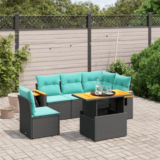 6-tlg. Garten-Sofagarnitur mit Kissen Schwarz Poly Rattan