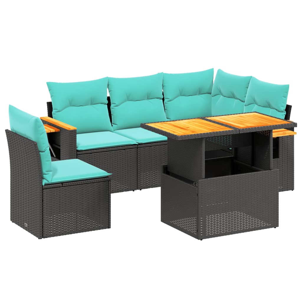 6-tlg. Garten-Sofagarnitur mit Kissen Schwarz Poly Rattan