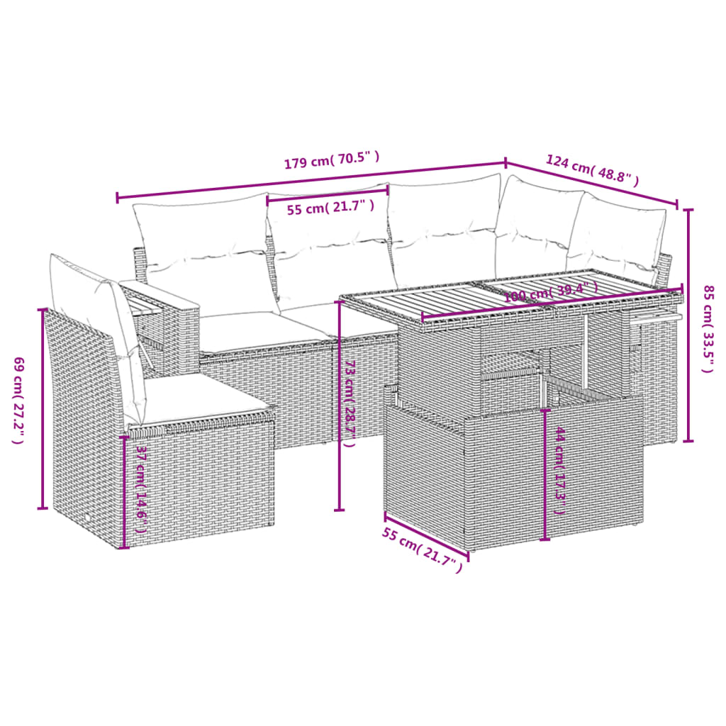 6-tlg. Garten-Sofagarnitur mit Kissen Schwarz Poly Rattan
