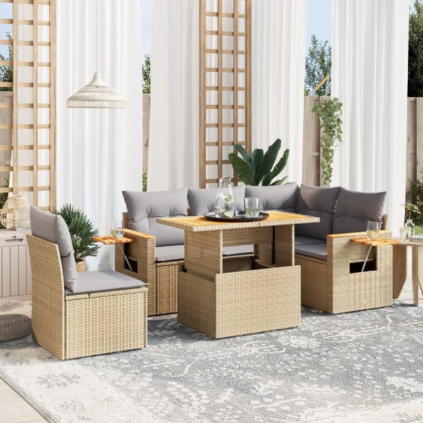 6-tlg. Garten-Sofagarnitur mit Kissen Schwarz Poly Rattan