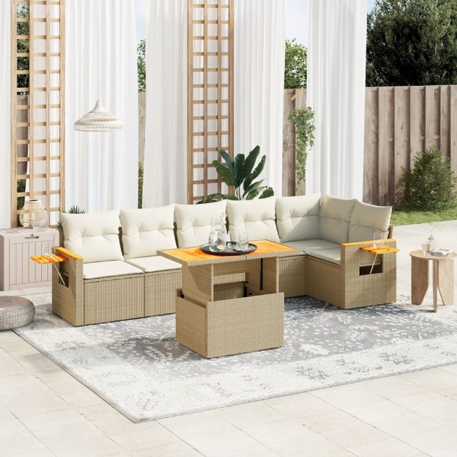 7-tlg. Garten-Sofagarnitur mit Kissen Schwarz Poly Rattan