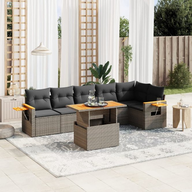 7-tlg. Garten-Sofagarnitur mit Kissen Schwarz Poly Rattan