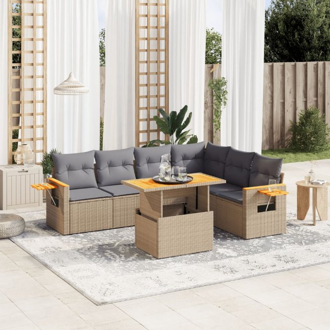 7-tlg. Garten-Sofagarnitur mit Kissen Schwarz Poly Rattan