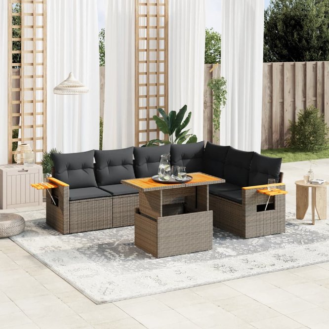7-tlg. Garten-Sofagarnitur mit Kissen Schwarz Poly Rattan