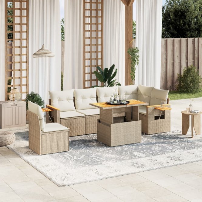 7-tlg. Garten-Sofagarnitur mit Kissen Schwarz Poly Rattan