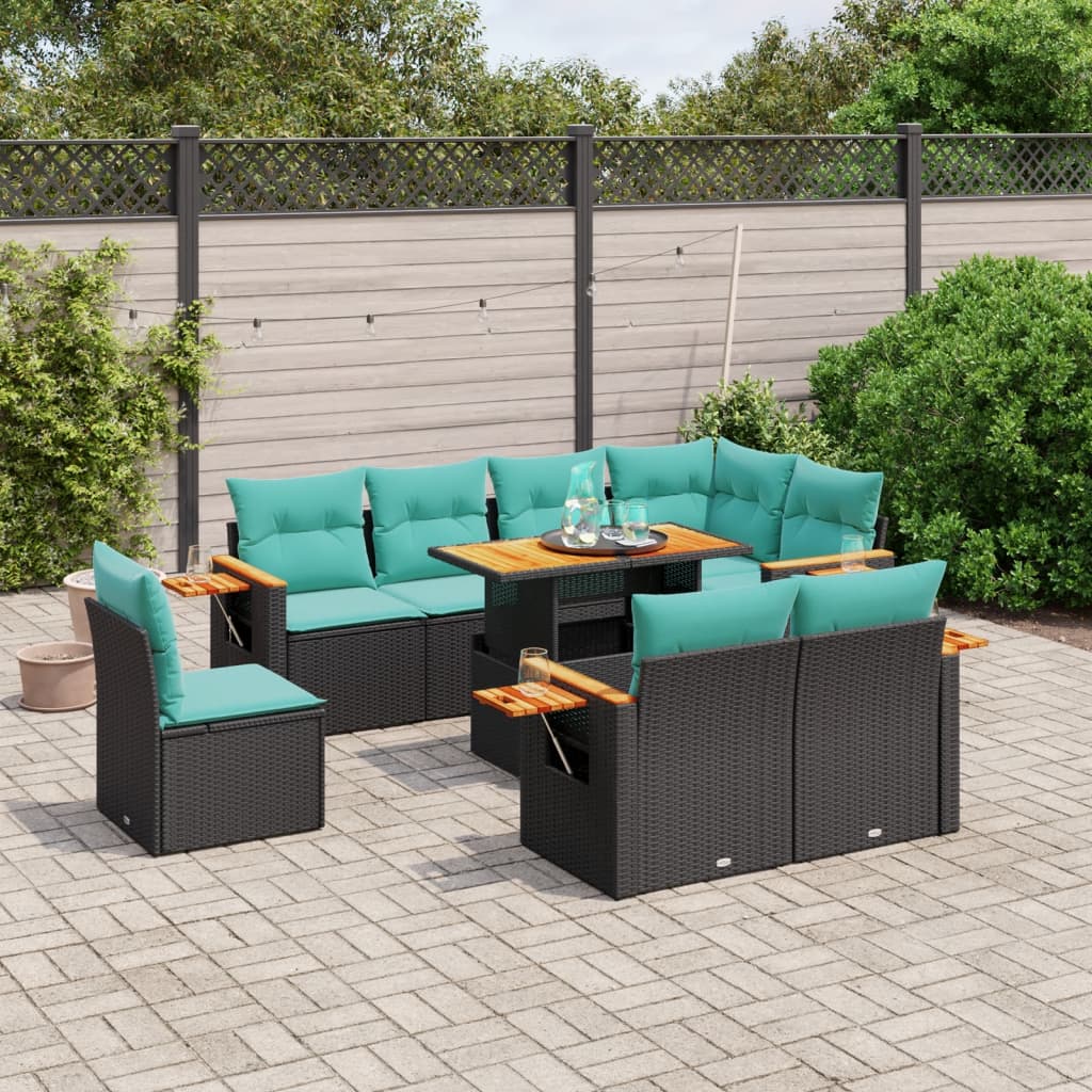 9-tlg. Garten-Sofagarnitur mit Kissen Schwarz Poly Rattan