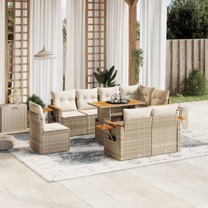 9-tlg. Garten-Sofagarnitur mit Kissen Schwarz Poly Rattan