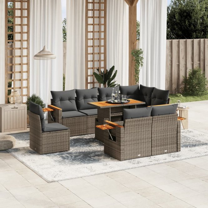 9-tlg. Garten-Sofagarnitur mit Kissen Schwarz Poly Rattan