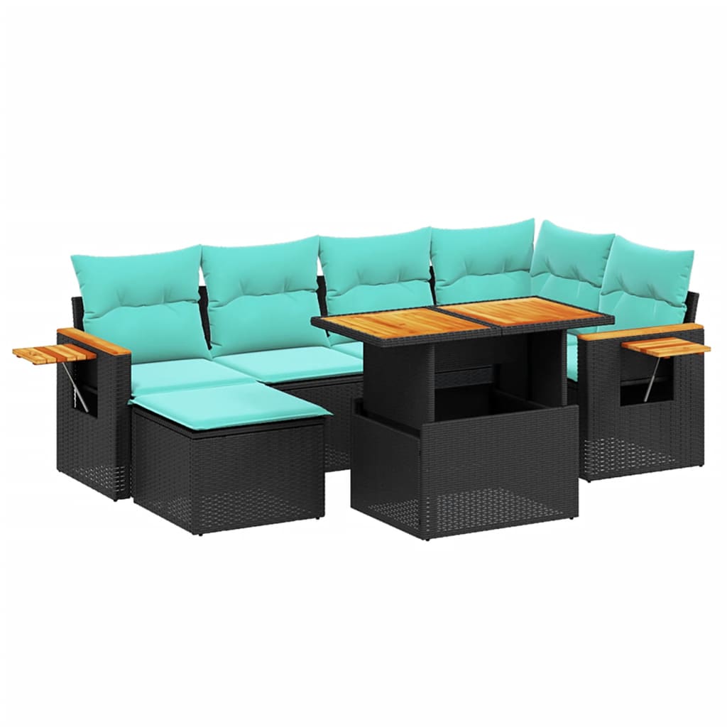 7-tlg. Garten-Sofagarnitur mit Kissen Schwarz Poly Rattan