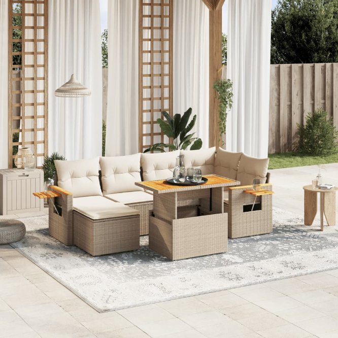 7-tlg. Garten-Sofagarnitur mit Kissen Schwarz Poly Rattan