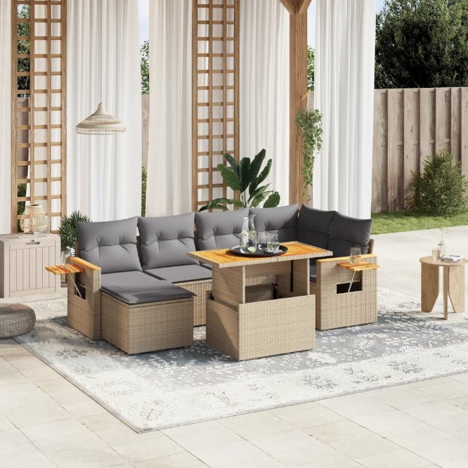 7-tlg. Garten-Sofagarnitur mit Kissen Schwarz Poly Rattan