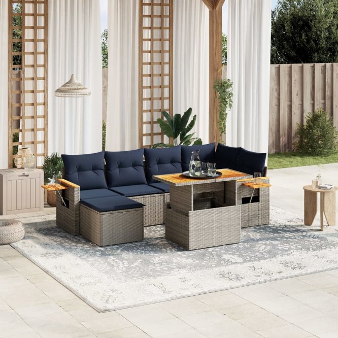 7-tlg. Garten-Sofagarnitur mit Kissen Schwarz Poly Rattan