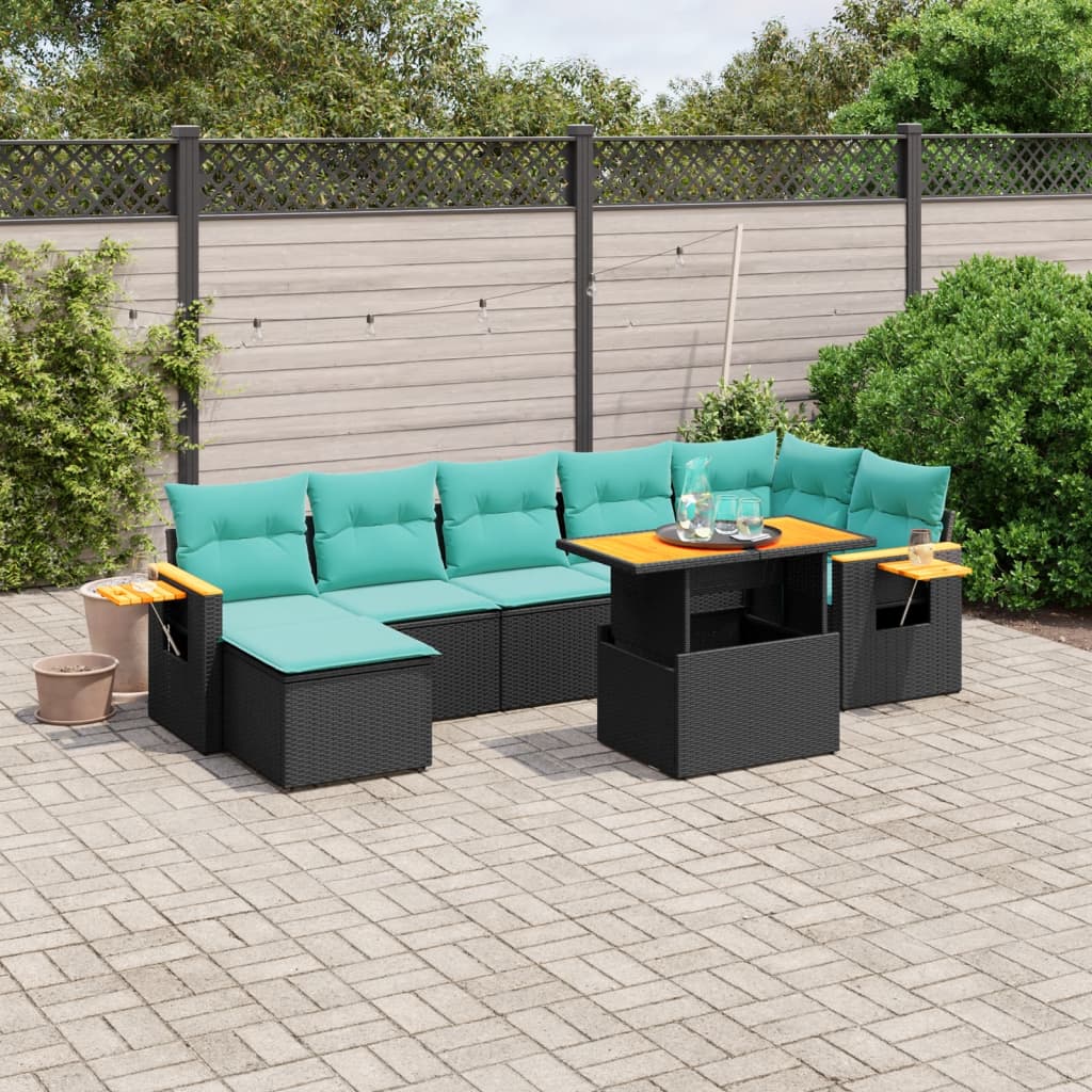 8-tlg. Garten-Sofagarnitur mit Kissen Schwarz Poly Rattan