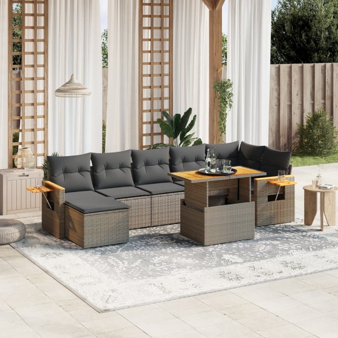 8-tlg. Garten-Sofagarnitur mit Kissen Schwarz Poly Rattan