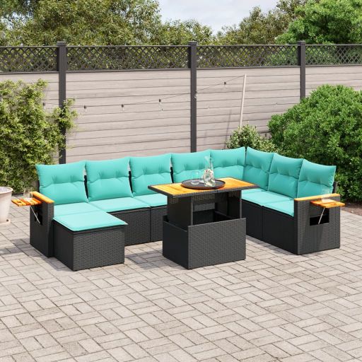 9-tlg. Garten-Sofagarnitur mit Kissen Schwarz Poly Rattan