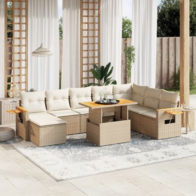 9-tlg. Garten-Sofagarnitur mit Kissen Schwarz Poly Rattan