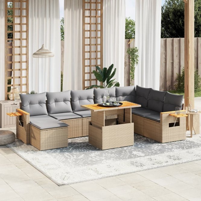 9-tlg. Garten-Sofagarnitur mit Kissen Schwarz Poly Rattan
