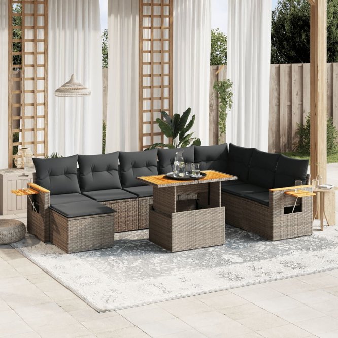 9-tlg. Garten-Sofagarnitur mit Kissen Schwarz Poly Rattan