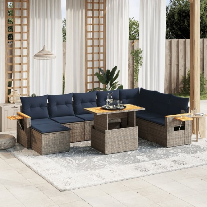 9-tlg. Garten-Sofagarnitur mit Kissen Schwarz Poly Rattan