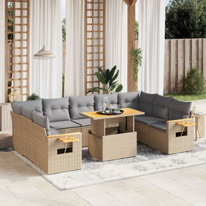 vidaXL 10-tlg. Garten-Sofagarnitur mit Kissen Schwarz Poly Rattan