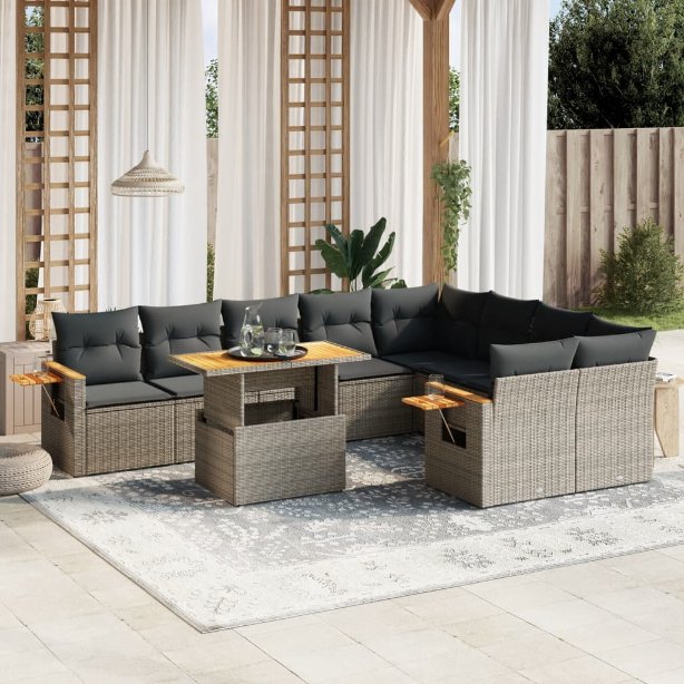 vidaXL 10-tlg. Garten-Sofagarnitur mit Kissen Schwarz Poly Rattan