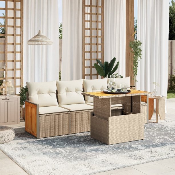 5-tlg. Garten-Sofagarnitur mit Kissen Schwarz Poly Rattan