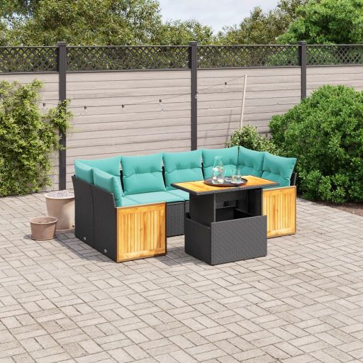 7-tlg. Garten-Sofagarnitur mit Kissen Schwarz Poly Rattan
