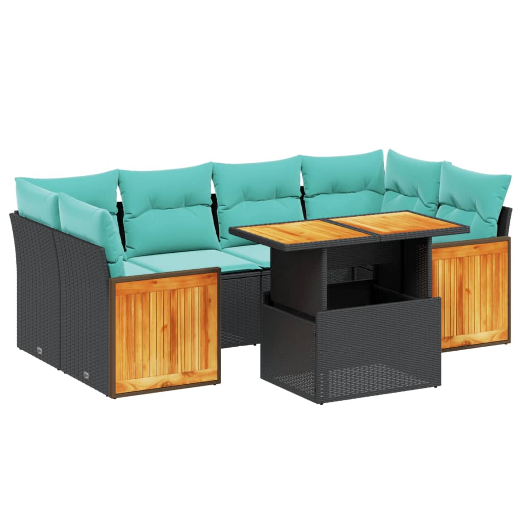 7-tlg. Garten-Sofagarnitur mit Kissen Schwarz Poly Rattan