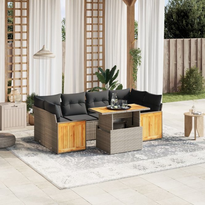 7-tlg. Garten-Sofagarnitur mit Kissen Schwarz Poly Rattan