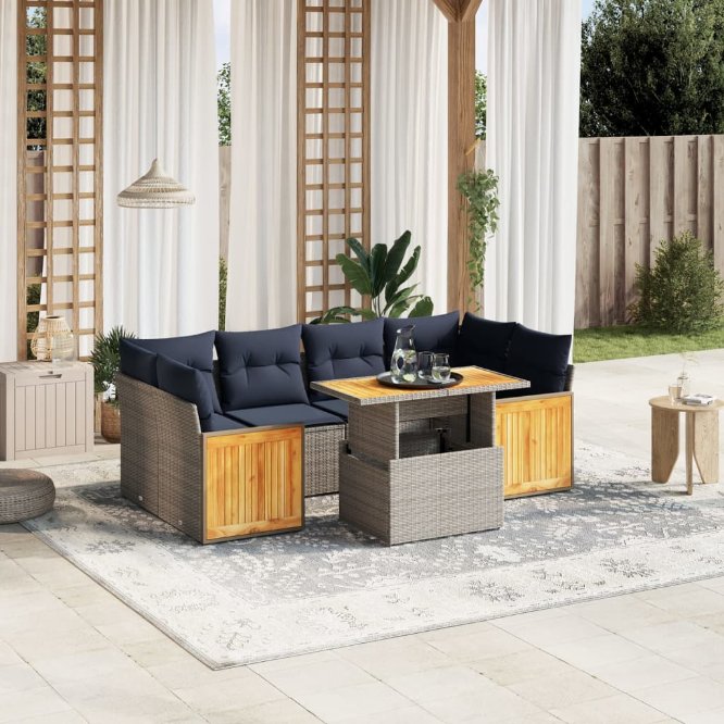 7-tlg. Garten-Sofagarnitur mit Kissen Schwarz Poly Rattan