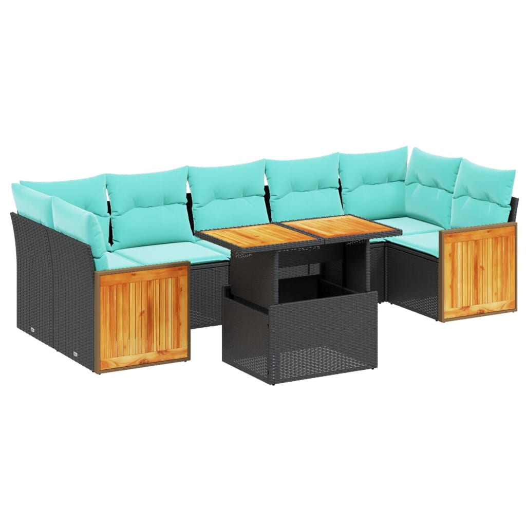 8-tlg. Garten-Sofagarnitur mit Kissen Schwarz Poly Rattan