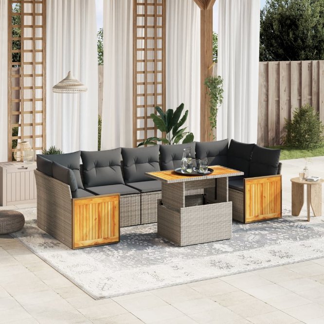 8-tlg. Garten-Sofagarnitur mit Kissen Schwarz Poly Rattan