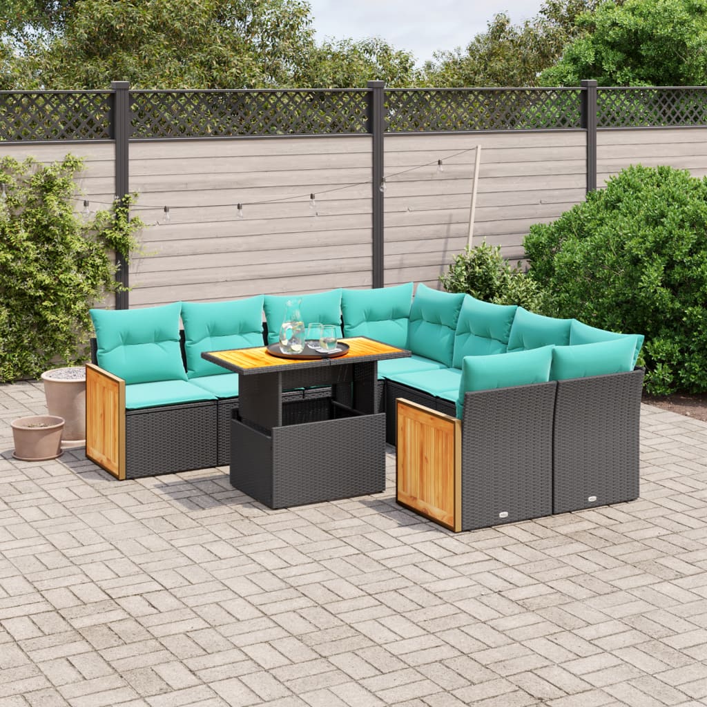 9-tlg. Garten-Sofagarnitur mit Kissen Schwarz Poly Rattan